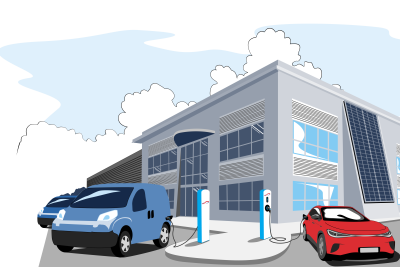 Die Illustration zeigt an Ladestationen angeschlossene E-Autos vor einem Unternehmen