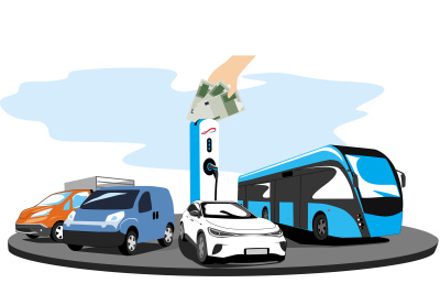 Die Illustration zeigt E-Autos an einer Ladesäule in die Geld fließt