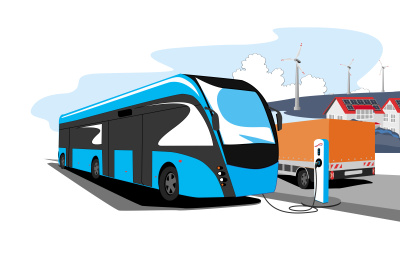 Die Illustration zeigt einen E-Bus vor der Kulisse einer Kommune, eine Ladesäule und Windräder