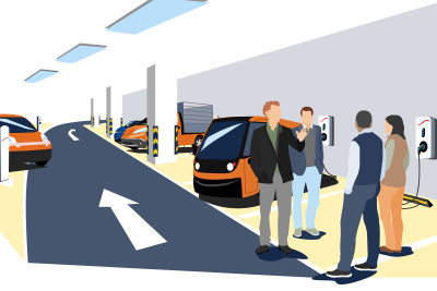 Die Illustration zeigen E-Autos an einer Ladesäule in die Geld fließt