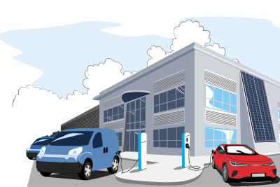 Die Illustration zeigt an Ladestationen angeschlossene E-Autos vor einem Unternehmen