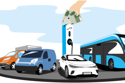 Die Illustration zeigt zahlreiche E-Autos und E-Nutzfahrzeuge bei einem Ladevorgang an einer E-Ladesäule in die Geldscheine fließen