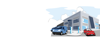 Die Illustration zeigt an Ladestationen angeschlossene E-Autos vor einem Unternehmen
