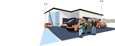Illustration eines Bauhofs mit orangefarbenen, parkenden Fahrzeugen. Ladesäulen sind an den Außenwänden angebracht. Vier Personen stehen an den Fahrzeugen und sprechen miteinander.
