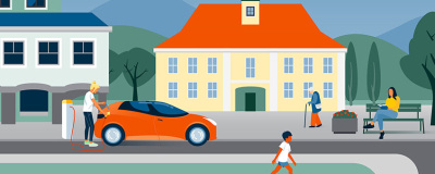 Illustration mit Elektroauto und Menschen