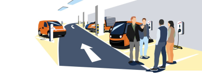 Ladesäuleninfrastruktur 7 Die Illustration zeigt eine Beratung zu Ladesäulen in einer Tiefgarage. Man sieht Menschen, Ladesäulen und E-Autos.