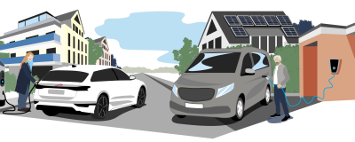 14a_Illustration_Private_Rubrik Illustration eines Mehrfamilienhauses und eines Einfamilienhauses. Davor parken zwei eAutos die gerade von zwei Personen geladen werden