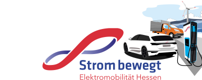 Illustration eines Elektroautos mit Ladesäule auf einer Straße. Im Hintergrund steht ein Windrad.