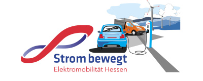 Die Illustration zeigt ein E-Auto an einer Ladesäule sowie ein E-Nutzfahrzeug mit einem Windrad im Hintergrund