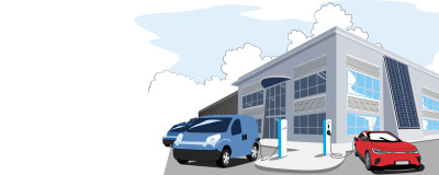 Illustration von an Ladestationen angeschlossenen E-Autos vor einem Unternehmen.