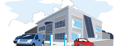 Die Illustration zeigt an Ladestationen angeschlossene E-Autos vor einem Unternehmen