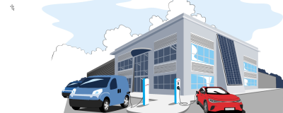 Die Illustration ziegt mit Ladestationen verbundene E-Autos vor einem Unternehmen