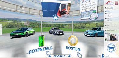 Startseite des virtuellen eAutohauses, Seite ist animiert, man sieht 3 Autos, der Blick dreht sich automatisch nach rechts, man sieht die Rubriken mit Icons auf die man clicken kann